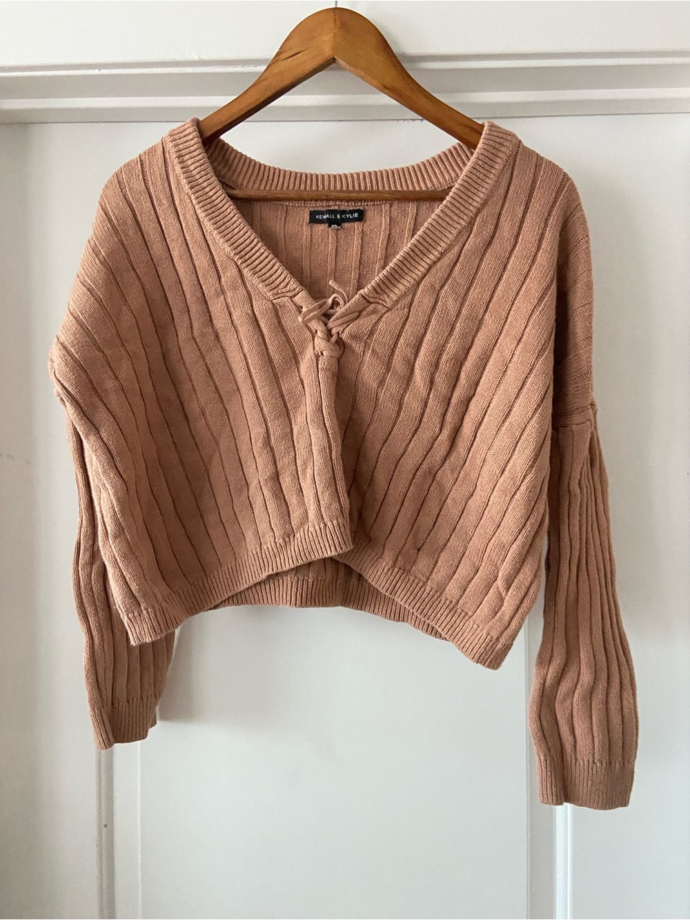 Kendall & Kylie Ribbed Lace-Up V-Neck Cropped Sweater - Picture 2 of 5